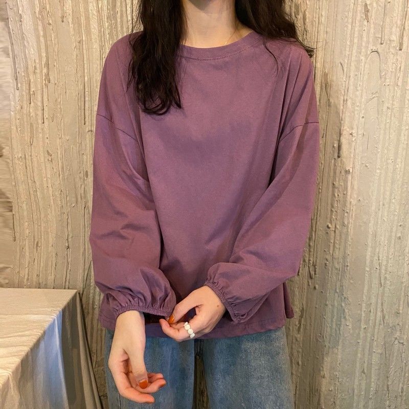 Milk silk autumn Korean style loose pullover student lantern sleeve long sleeve T-shirt women's solid color bottoming shirt trendy