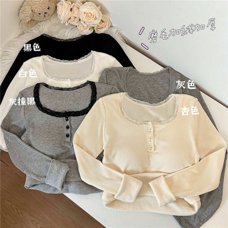 Real shot!  Winter brushed plus fleece padded bottoming shirt with lace stitching long-sleeved T-shirt