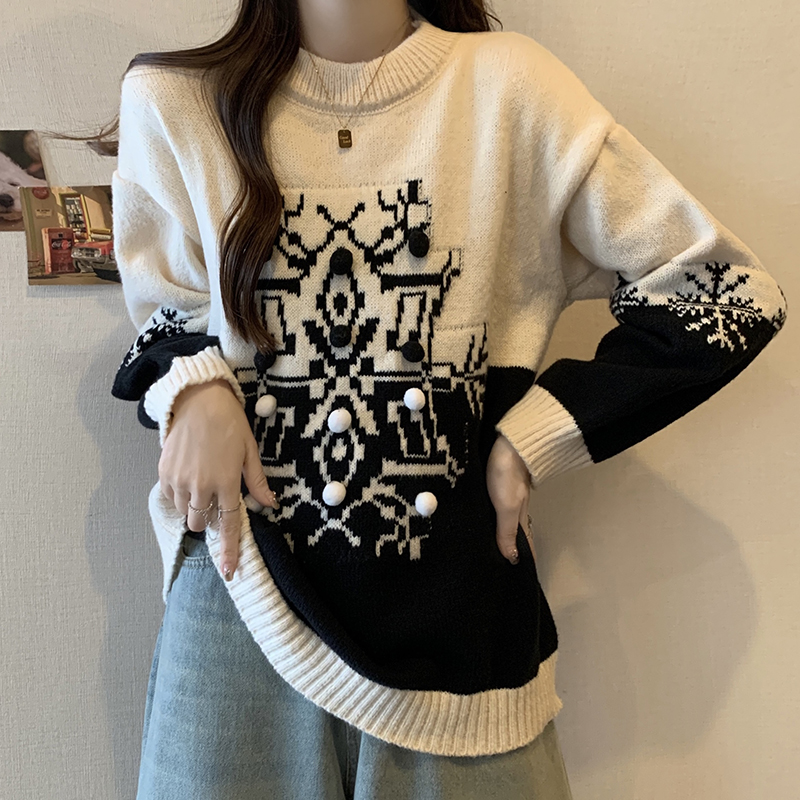 實拍大碼女裝2023秋冬新款聖誕雪花毛衣內搭寬鬆休閒毛針織衫