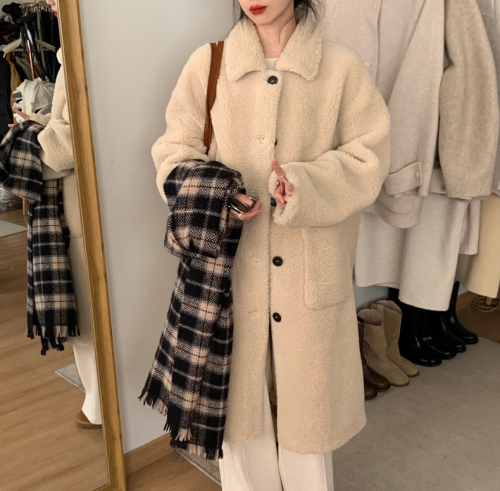 Korean style lazy style high-end sherpa coat for women mid-length 2023 autumn and winter new style
