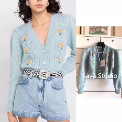 ALESSANDRA RICH Sarah same style gray light blue and white floral embroidered cardigan discount