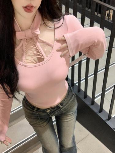 Actual shot of pink spliced ​​halterneck long-sleeved T-shirt for women in autumn and winter, waist slimming inner layering shirt top