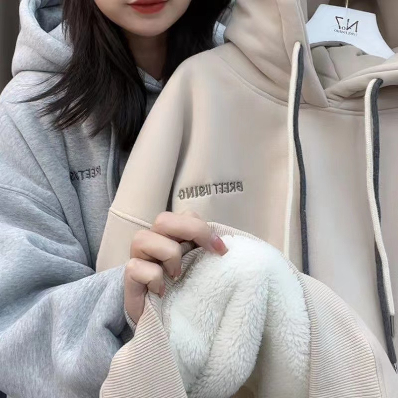 北極絨450克後領包邊 冬季加絨加厚連帽衛衣女韓版寬鬆長袖外套潮