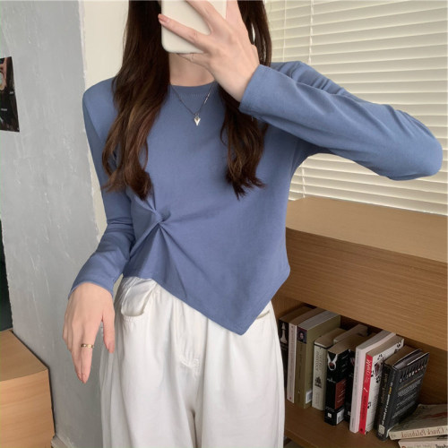 Milk silk autumn Korean style irregular design long-sleeved T-shirt women's chic student tops women's bottoming shirt