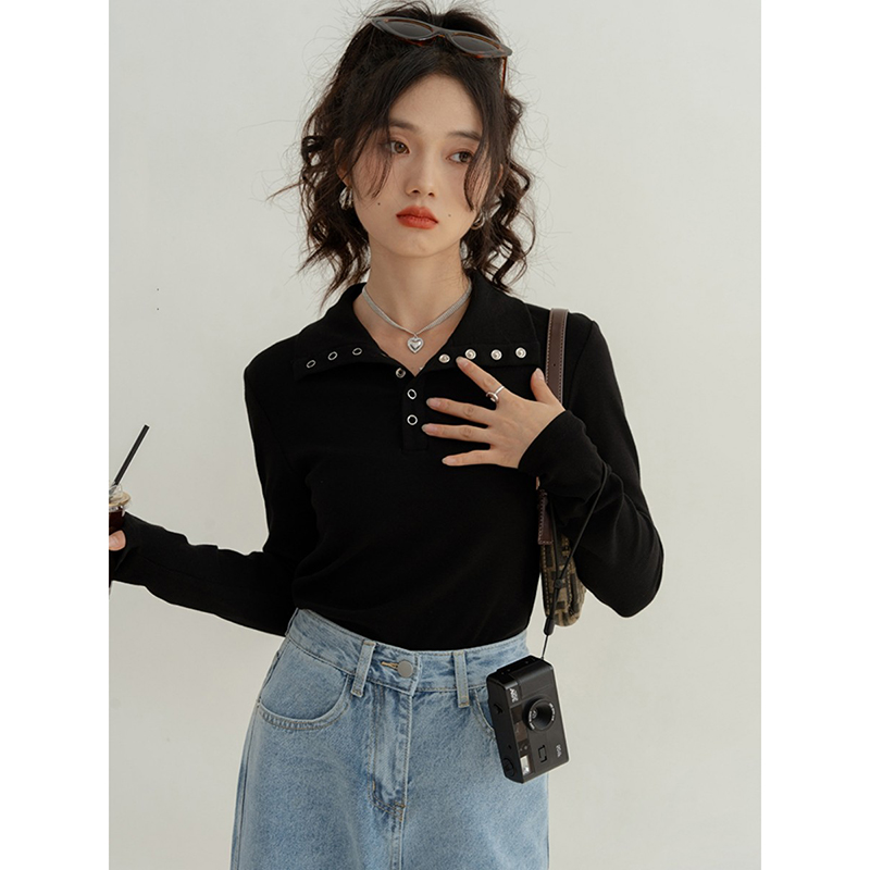 Official photo German velvet rib 90 polyester 10 spandex French retro lapel hottie slim long sleeve inner wear
