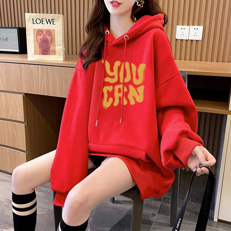 網圖 秋冬韓版寬鬆複合300克銀狐絨400克紅色拜年服加絨衛衣女