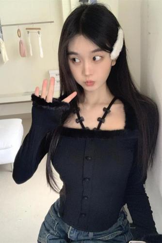 Actual shot Autumn and winter design pure desire halterneck suspender furry splicing sexy bottoming shirt top for women