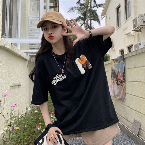 夏季韓版新款寬鬆中長款小熊刺繡BF風字母百搭短袖T恤上衣女