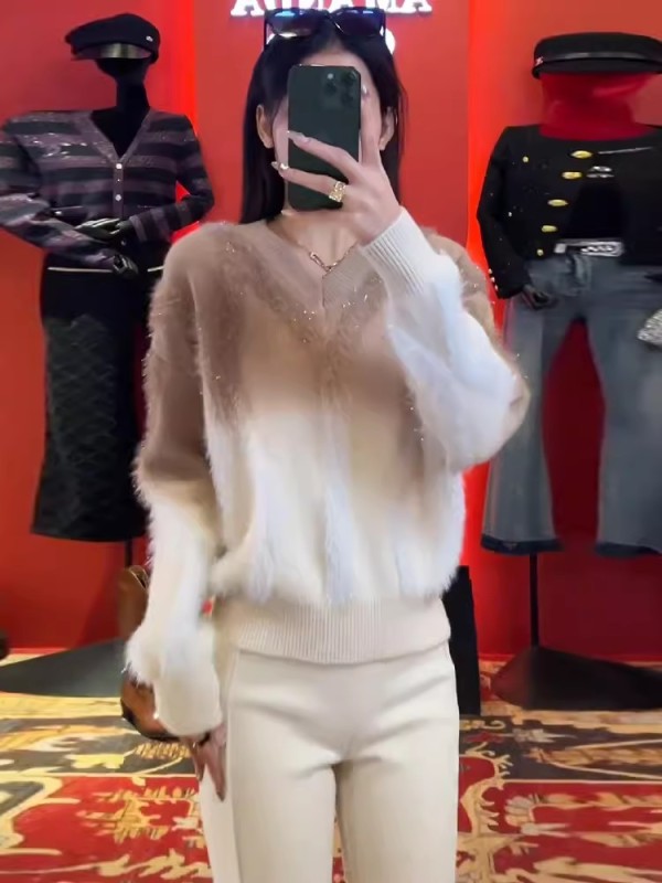漸變色鑲鑽V領毛衣女2023秋冬季新款套頭寬鬆針織衫百搭長袖上衣