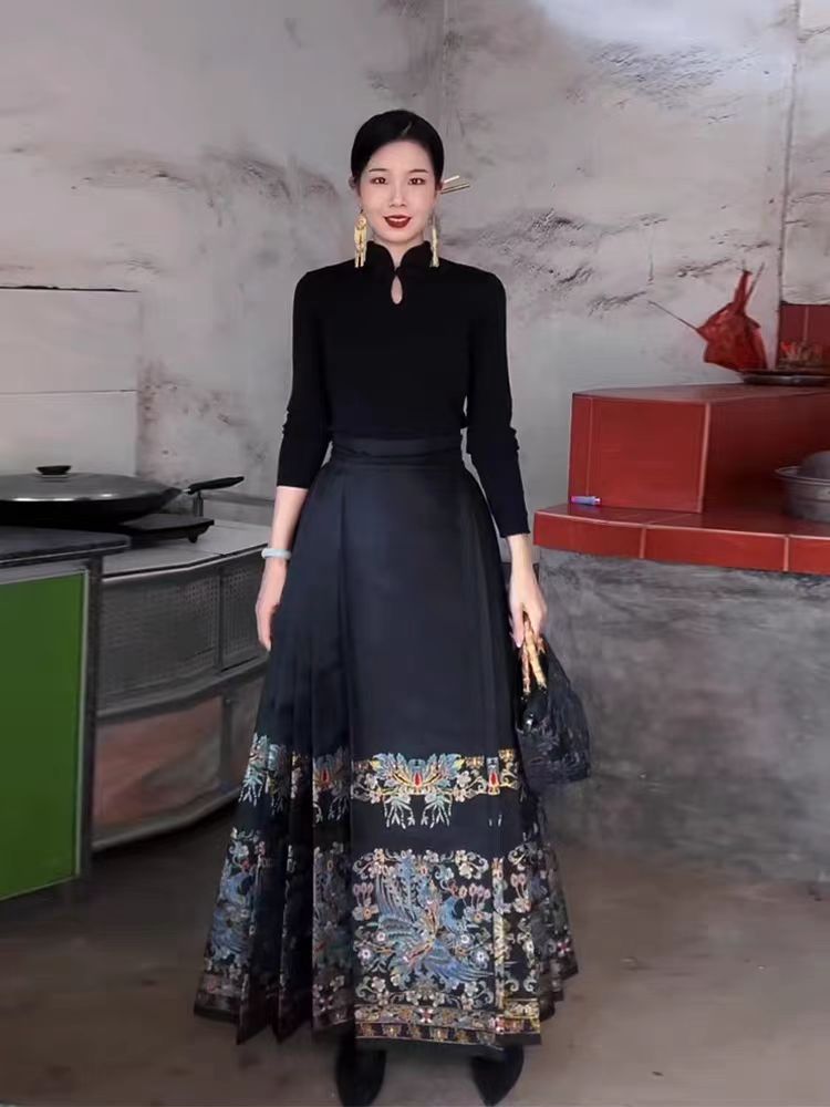 新中式女裝明制改良漢服成人黑色馬面裙套裝半身裙2023新款秋冬款