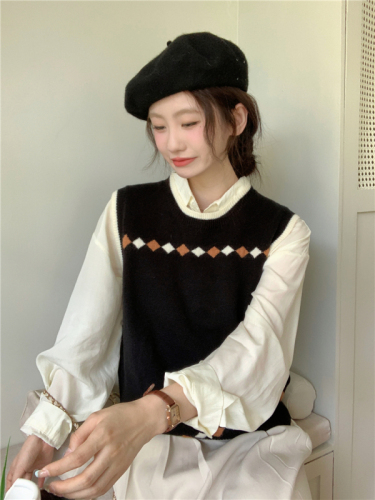 Actual shot Spring style ~ Retro contrasting rhombus jacquard knitted vest for women Korean style casual sweater vest