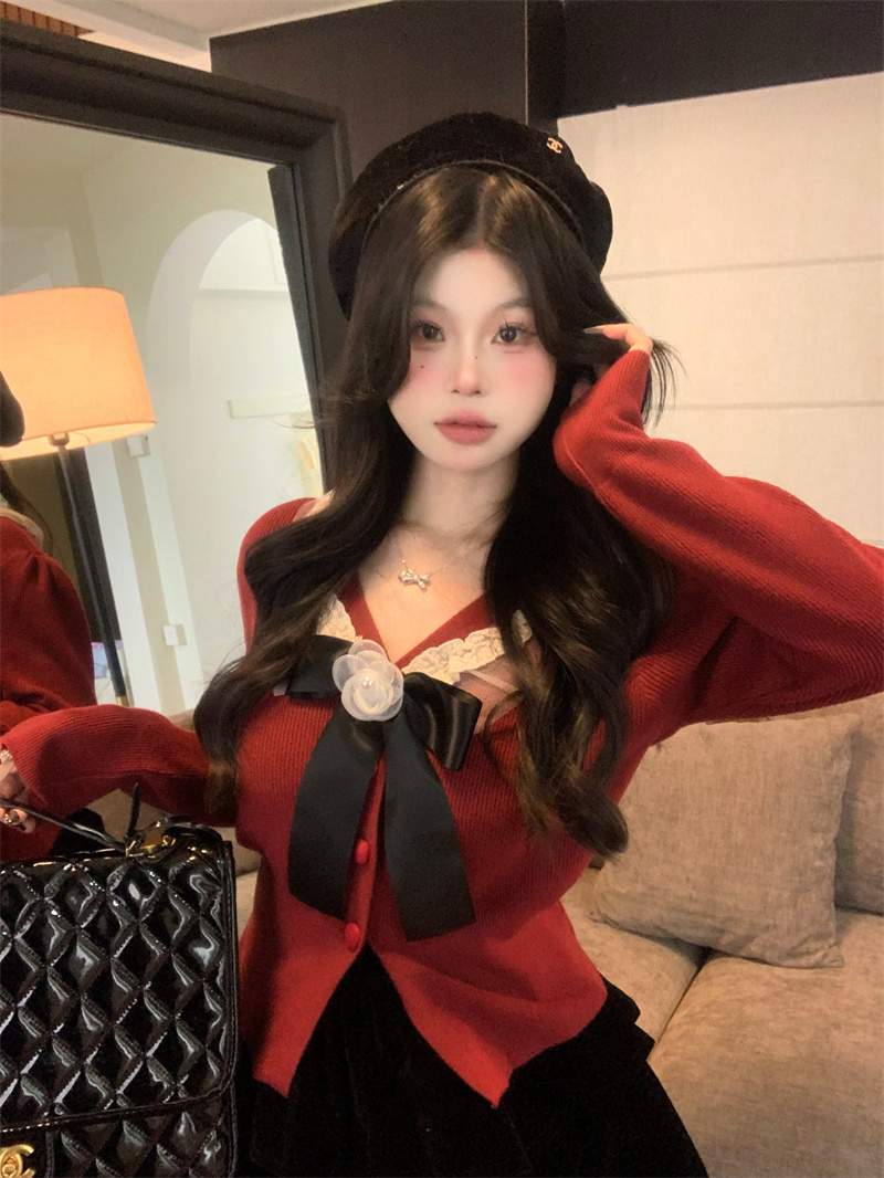 實拍 新款小香風花邊V領設計感蝴蝶結單排扣顯瘦針織衫毛衣女