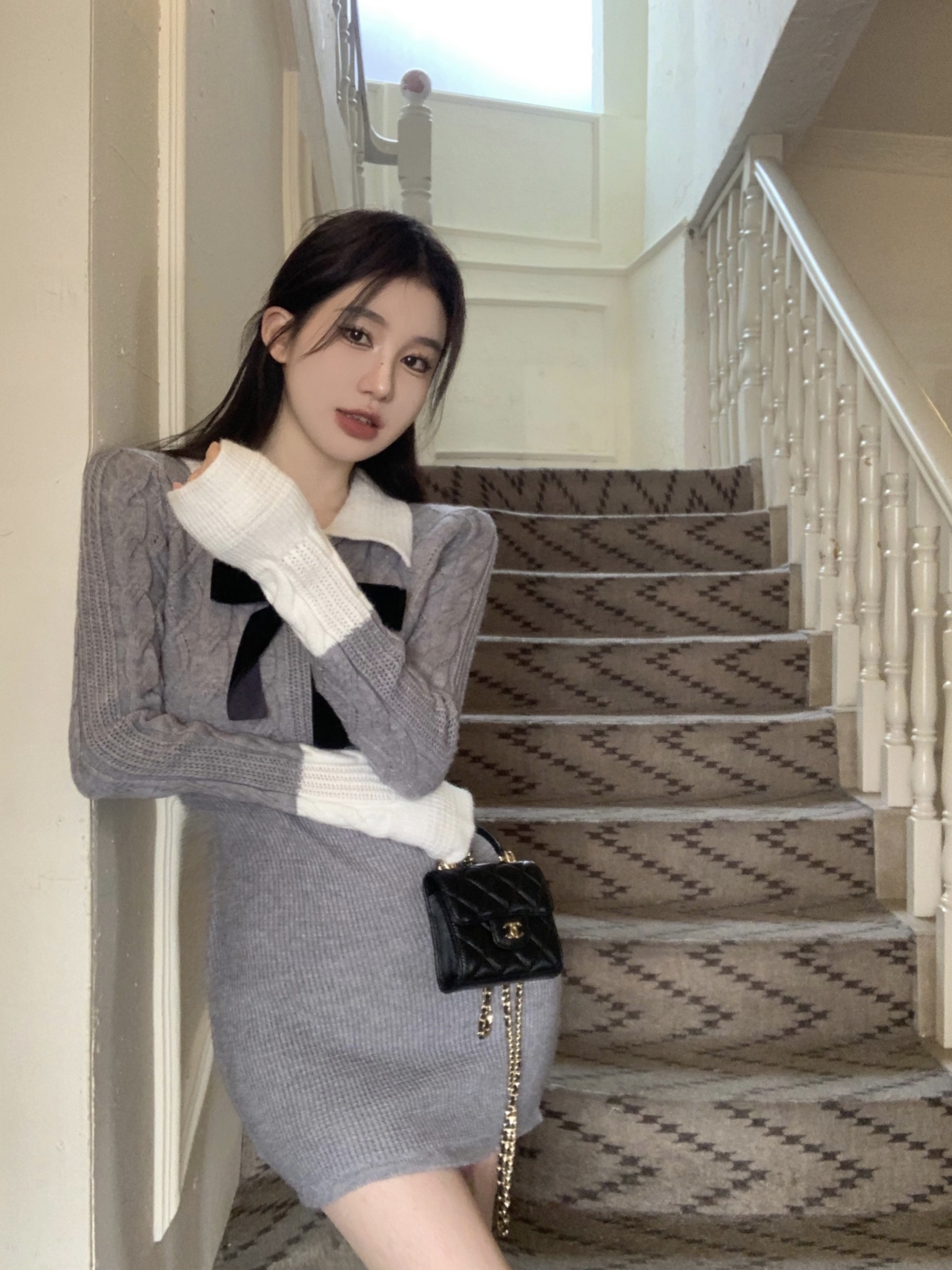 Real shot of knitted dress for women in autumn and winter, college style skirt with Polo collar and long-sleeved sweater skirt
