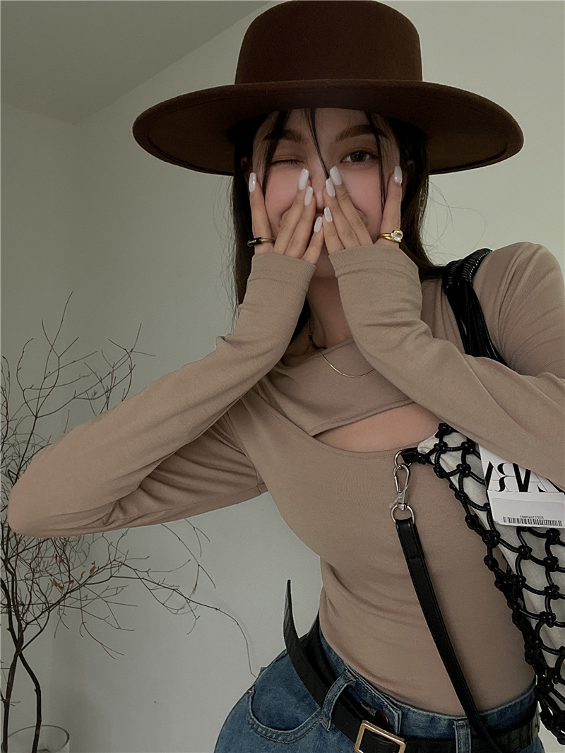 Milk Silk Hollow Long Sleeve T-shirt Women's Autumn Hot Girl Sexy Slim Design Bottoming Shirt Top