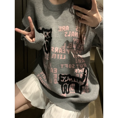 2024秋冬新款韓國可愛小貓毛巾繡字母提花圓領毛衣女慵懶針織衫