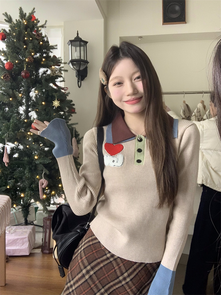 實拍！polo領拼色愛心刺繡針織衫女秋冬修身顯瘦打底衫毛衣
