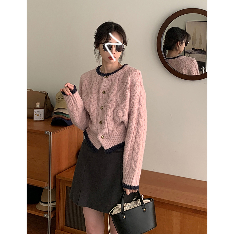 粉色麻花毛衣開衫外套女秋冬外穿慵懶風設計感小眾別致針織衫上衣
