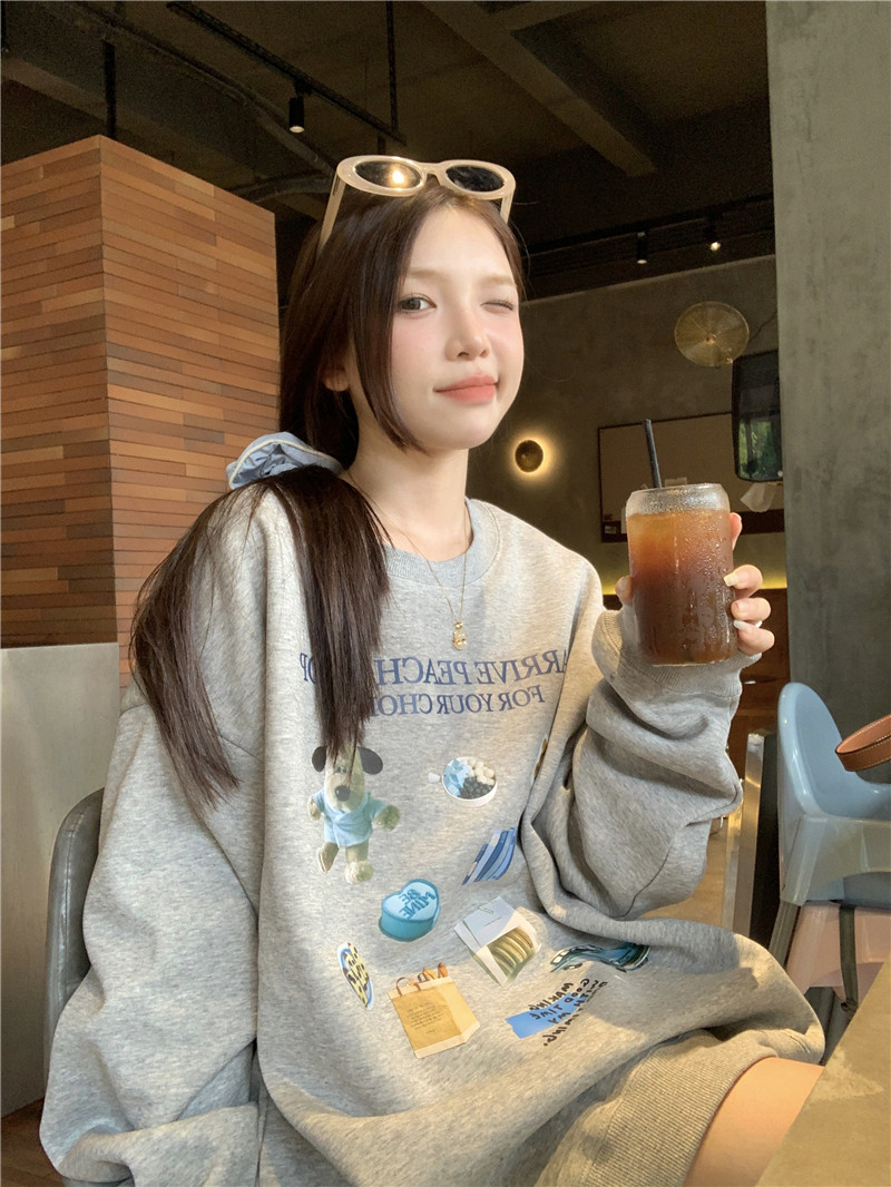 實拍ovsizes韓系圓領印花加絨衛衣