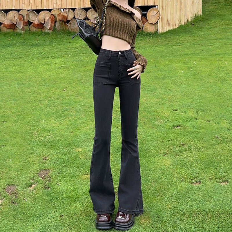 美式復古喇叭牛仔褲女2023春秋新款彈力修身顯瘦設計感拖地微喇褲