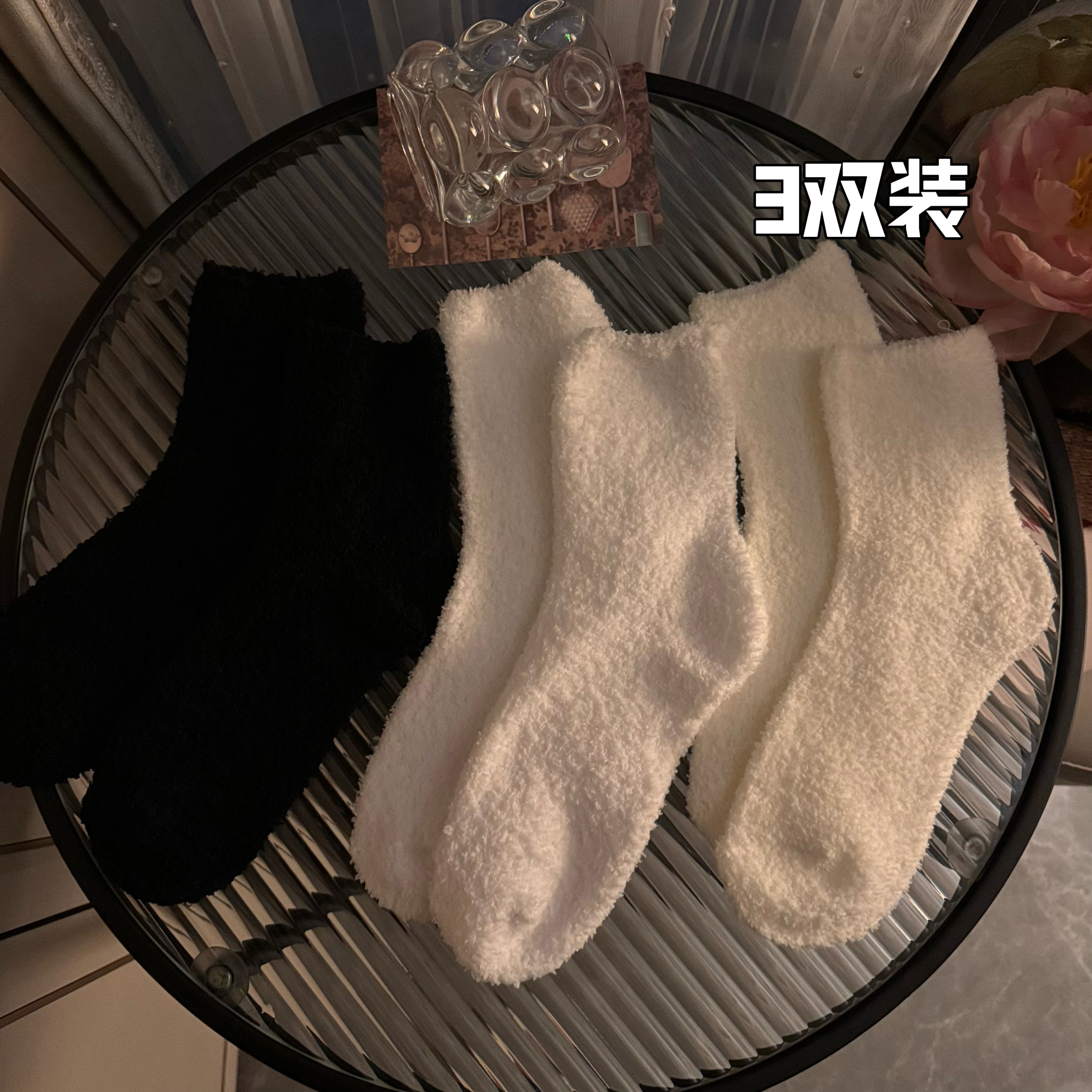 實拍韓版珊瑚絨保暖襪子女中筒襪秋冬堆堆襪長襪女襪3雙裝