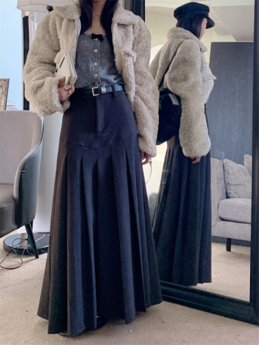 Actual shot of new woolen feel A-line skirt for women in winter split design retro slimming pleated skirt