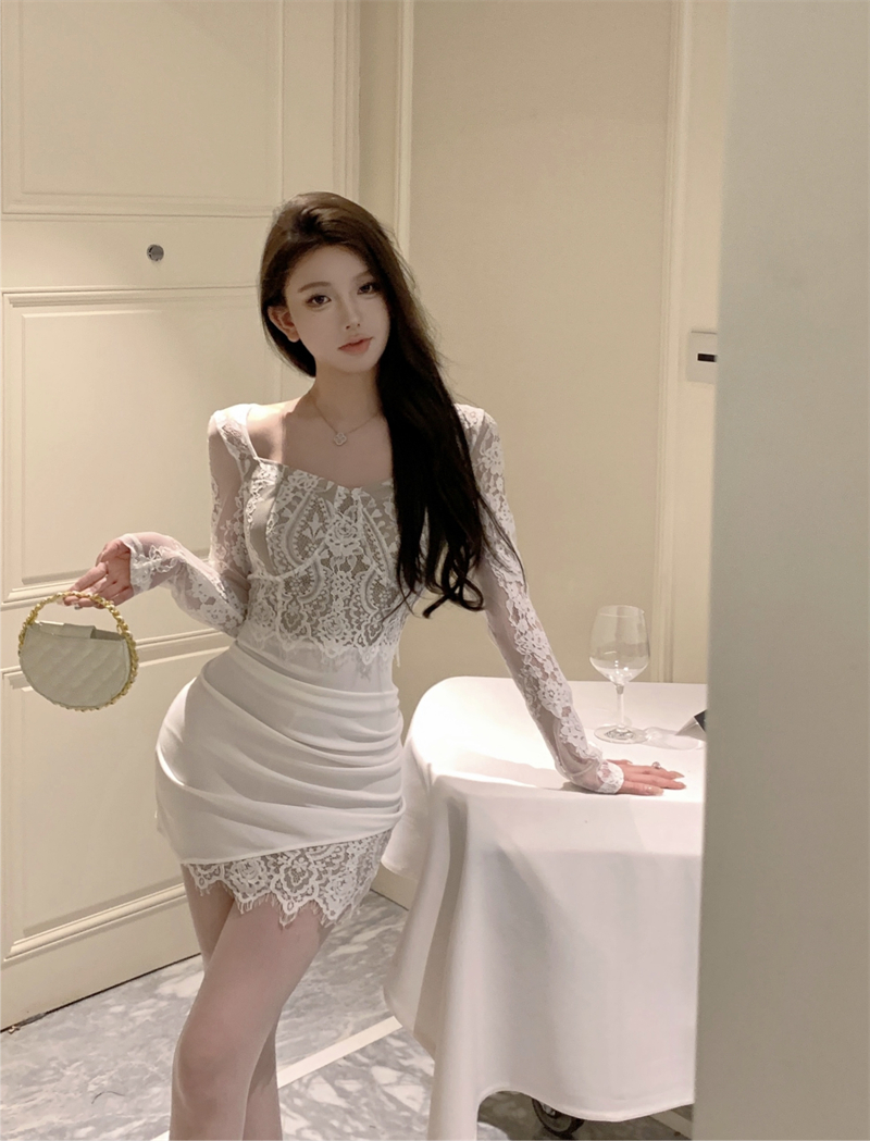 實拍 性感蕾絲顯瘦氣質修身小眾拼接花邊連衣裙女