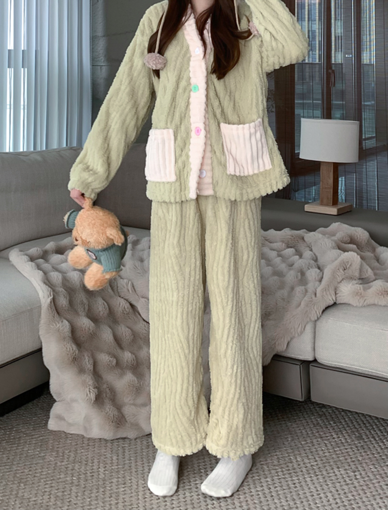 實拍 新款毛茸茸甜美加厚珊瑚絨睡衣保暖家居服兩件套