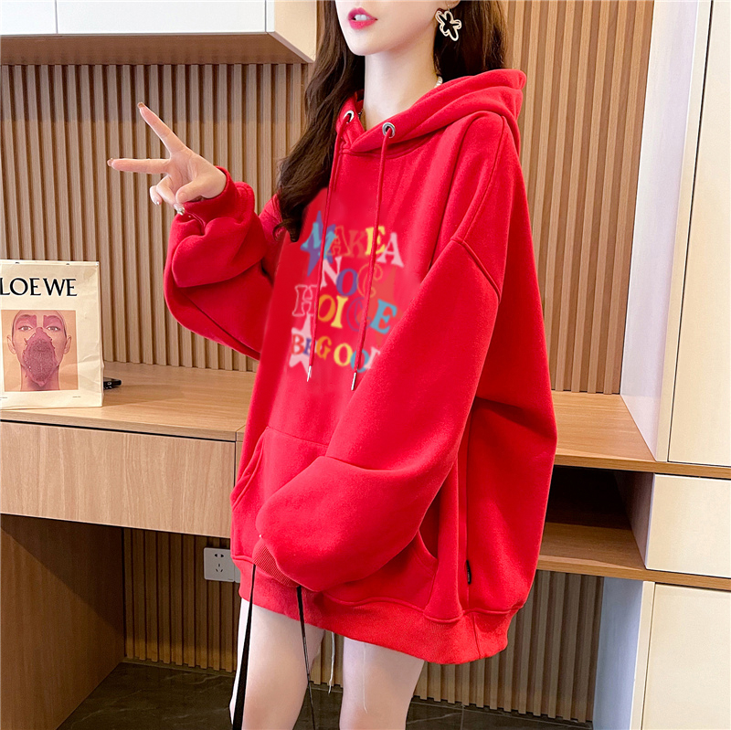 網圖 秋冬韓版寬鬆複合300克銀狐絨400克紅色拜年服加絨衛衣女