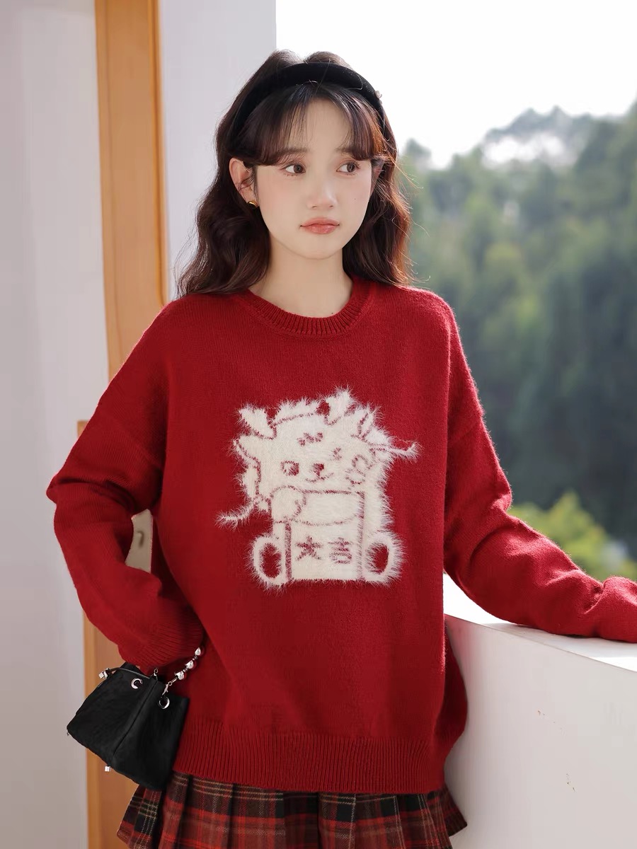 玲玖紅色毛衣女秋冬2023新款聖誕穿搭圓領套頭甜美刺繡加厚上衣
