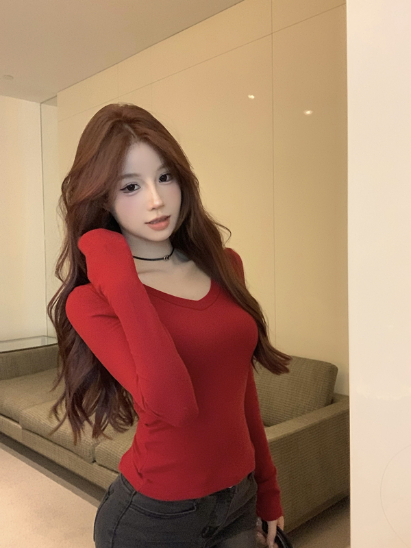 Actual shot ~ pure desire T-shirt with leaky back and hollow design for hot girls in autumn and winter with bottoming shirt and long-sleeved top