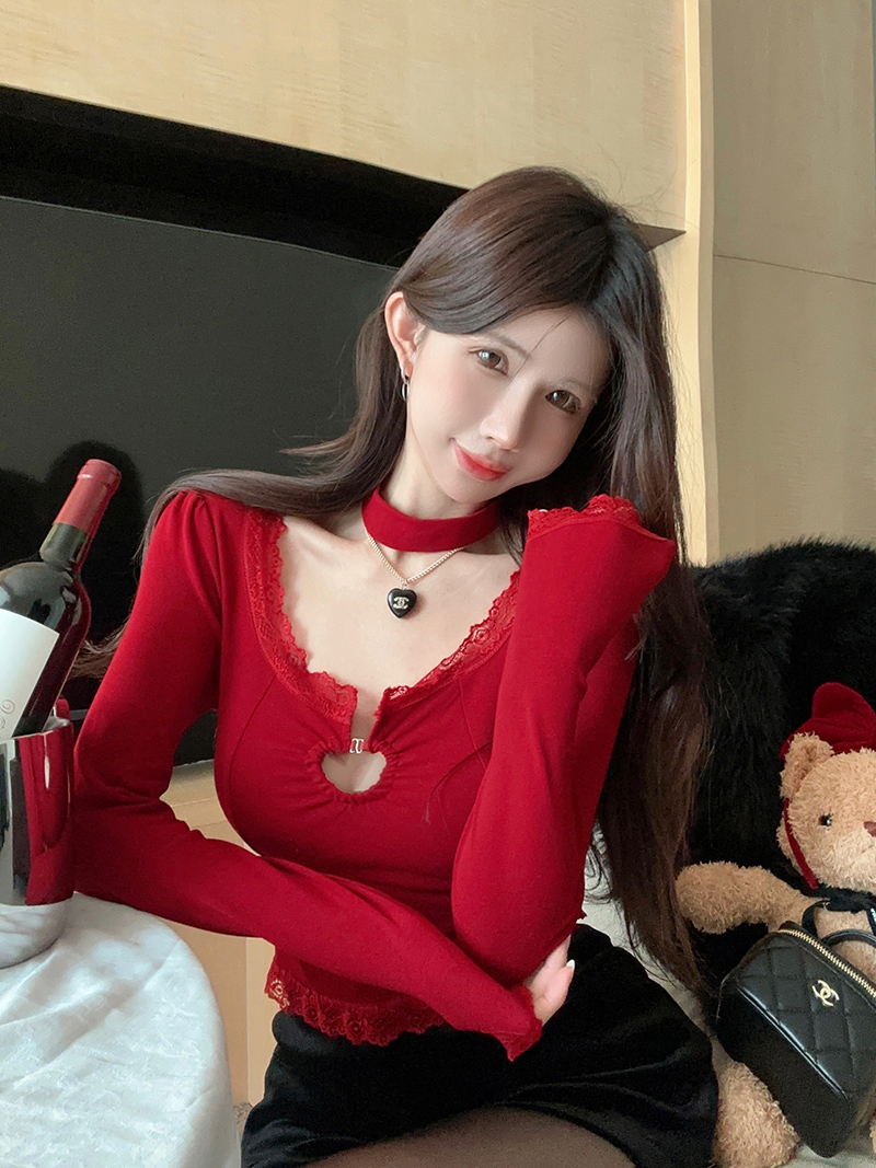 Real shot!  Sweet pure desire hollow top red lace niche sexy bottoming women's inner T-shirt 2386