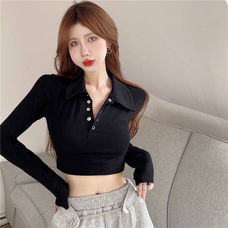Official picture 40 count cotton rib hot girl POLO collar short style women's thin pure desire inner layering shirt niche