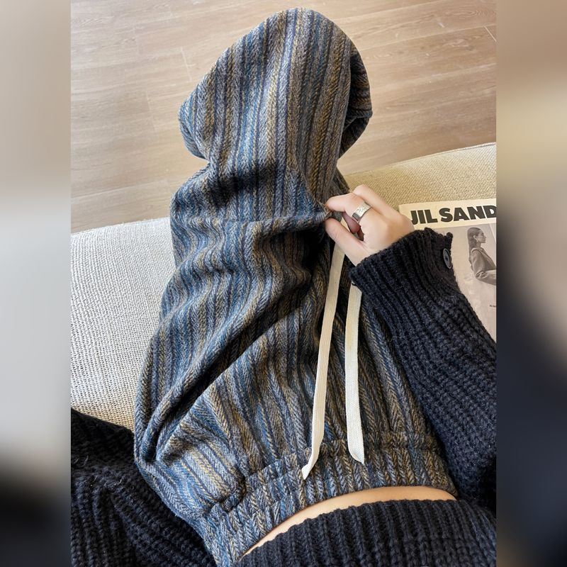 美拉德豎條紋闊腿褲女秋冬季加絨高腰休閒大碼垂感慵懶感拖地長褲