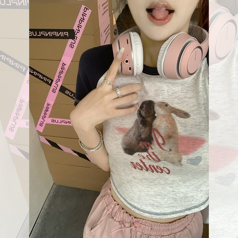 Official picture 6535 stretch cotton rabbit right shoulder short t-shirt women's slimming summer dress hot girl design