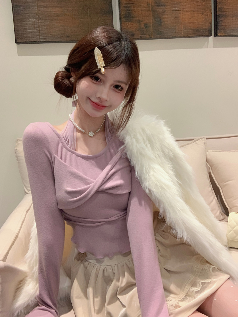 實拍 不規則拼接絨絨上衣百搭天鵝頸掛脖打底衫+絲絨蛋糕裙