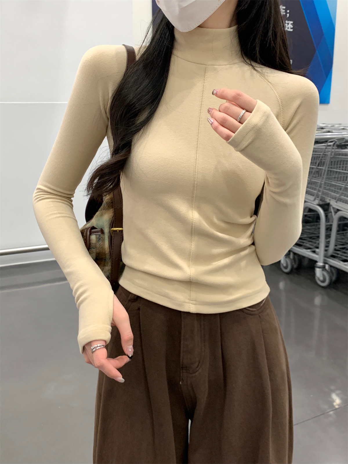 Real shot of autumn and winter Korean style slim half turtleneck raglan slim inner layer with German velvet warm T-shirt bottoming shirt
