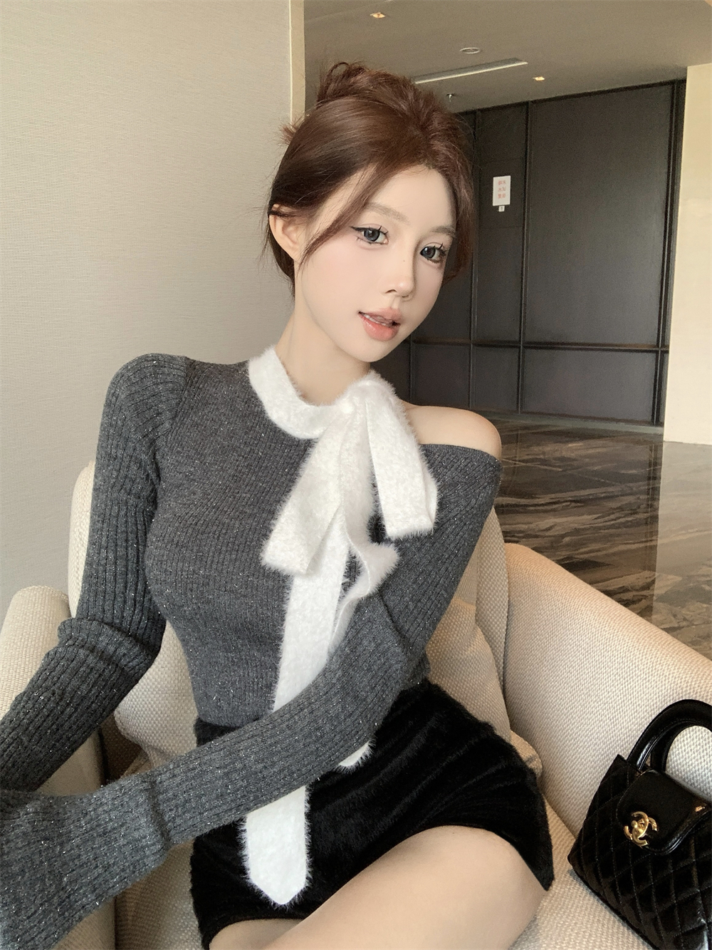 實拍~ 設計感小眾掛脖毛毛高領純欲顯瘦修身長袖打底針織毛衣