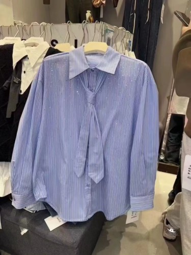 韩系ins配领带烫钻长袖衬衫女欧洲站2024春季小众设计感条纹衬衣