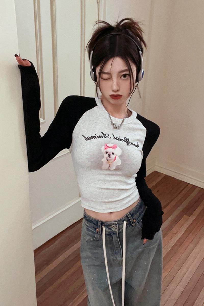 Official picture 6535 washed cotton pull frame design niche color matching bottoming shirt t-shirt for women spring and autumn long sleeves