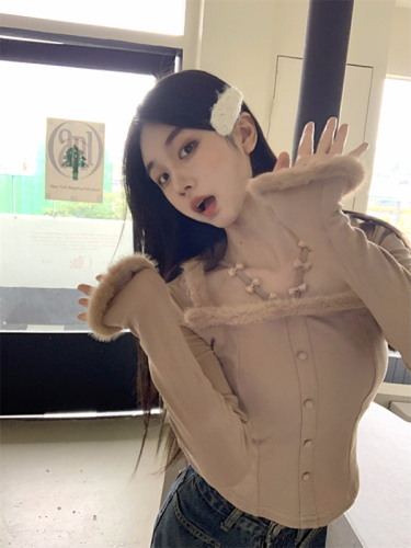 Actual shot Autumn and winter design pure desire halterneck suspender furry splicing sexy bottoming shirt top for women