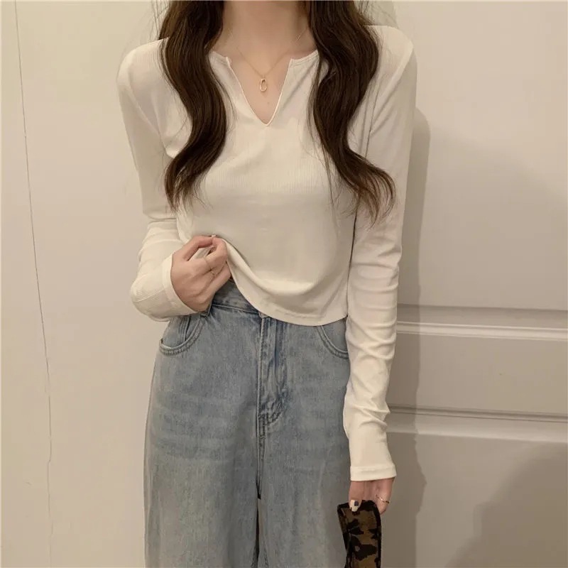 Milk silk v-neck long-sleeved T-shirt for women in autumn Korean style slimming bottoming shirt short top