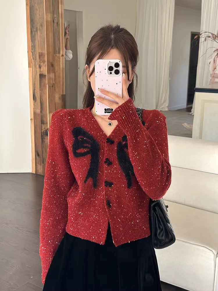 Sheep wool + mohair Korean style bow V-neck short long-sleeved knitted cardigan sweater for women