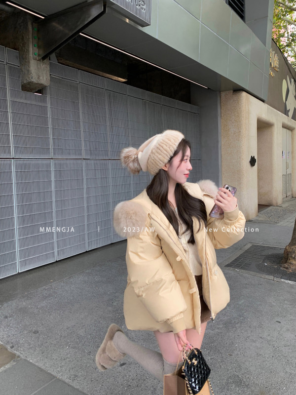 Mengmeng Ja milk puff custard big fur collar 90 white duck down hooded down jacket for women winter thickened bread jacket