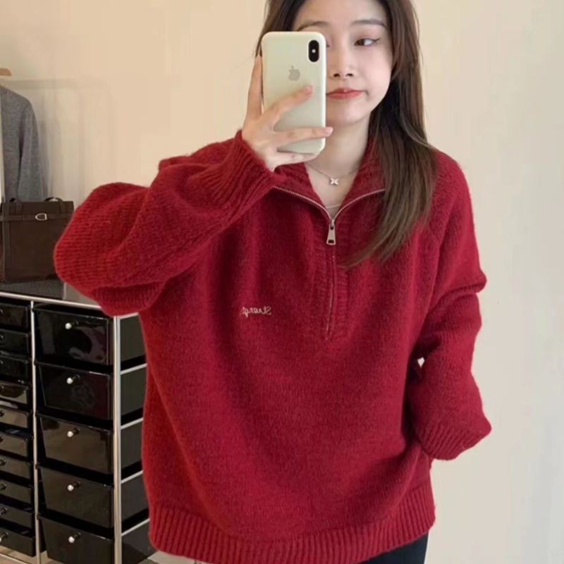 法式復古紅色半拉鏈毛衣女2023冬季新款慵懶風寬鬆軟糯加厚針織衫