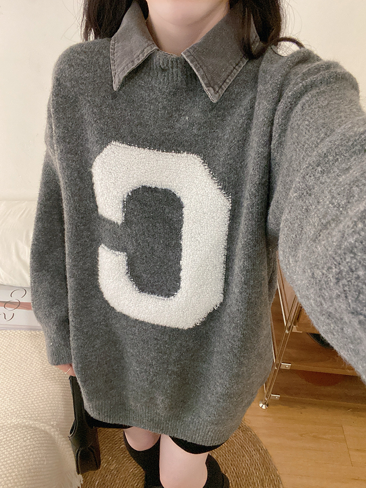 Cow plush 2024 autumn and winter new fake two-piece splicing design slimming loose sweater for women