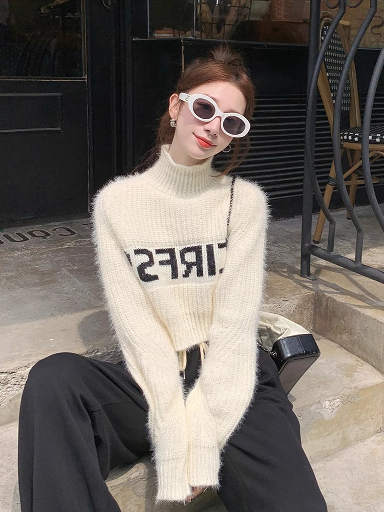 Sheep wool 2024 new autumn and winter letter turtleneck soft and waxy loose knitted sweater for women trendy