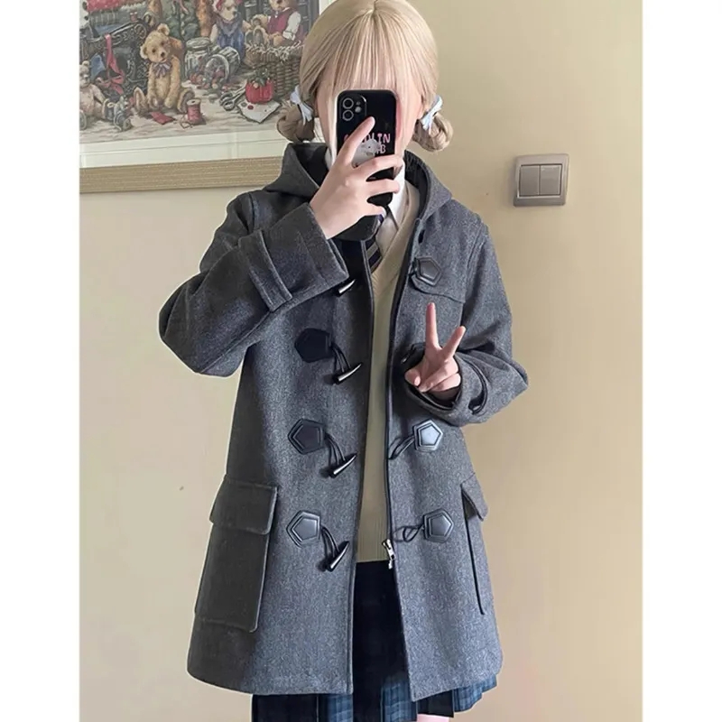 College Style Horn Button Coat Women's 2023 Winter New Small School Supply JK Uniform Hooded Woolen Jacket