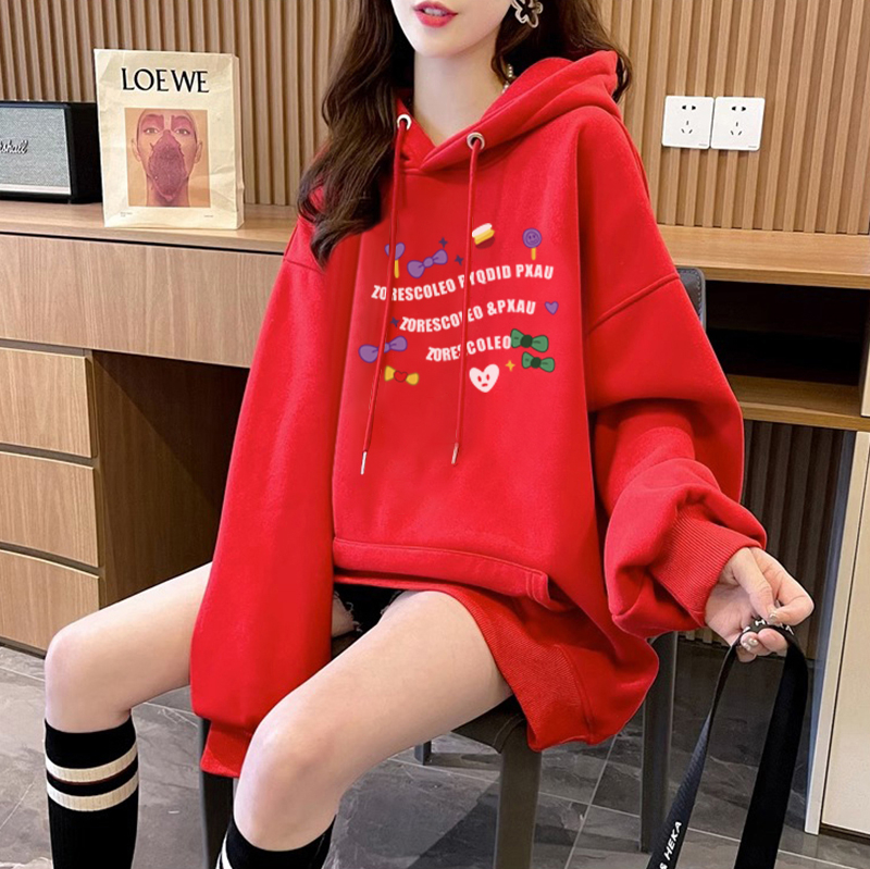 網圖 秋冬韓版寬鬆複合300克銀狐絨400克紅色拜年服加絨衛衣女