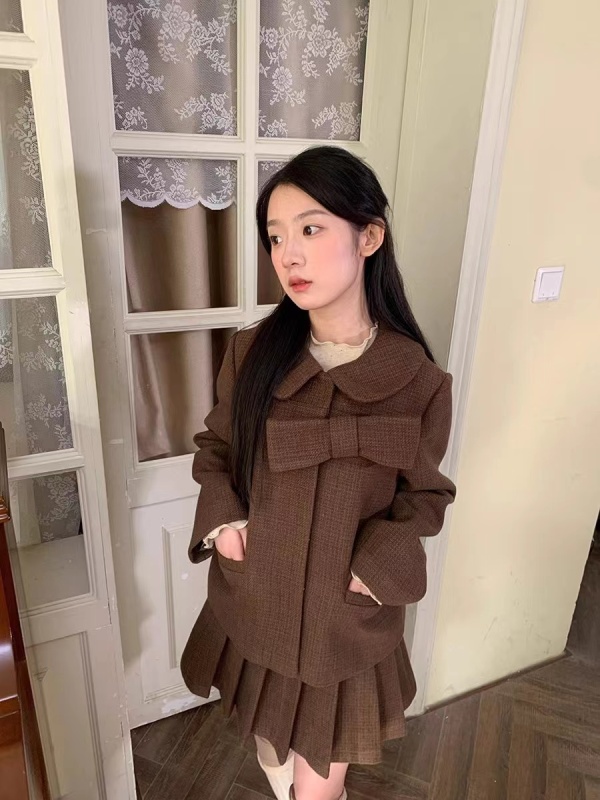 美拉德學院風呢子套裝2023秋冬小個子減齡外套百褶裙小香風兩件套