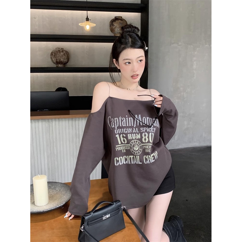 Official picture 6535 stretch cotton American retro off-shoulder chain printed long-sleeved T-shirt summer loose and slim